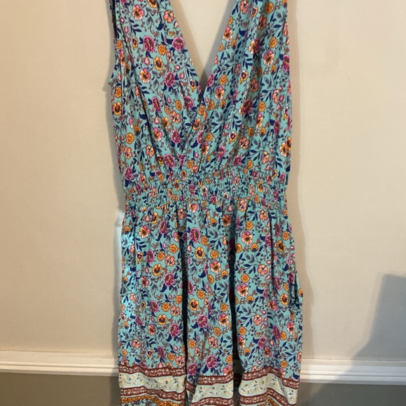 Bebop Boho Floral Sleeveless Romper | Turquoise Blue | Tassel Tie | Size Large - Picture 12 of 15